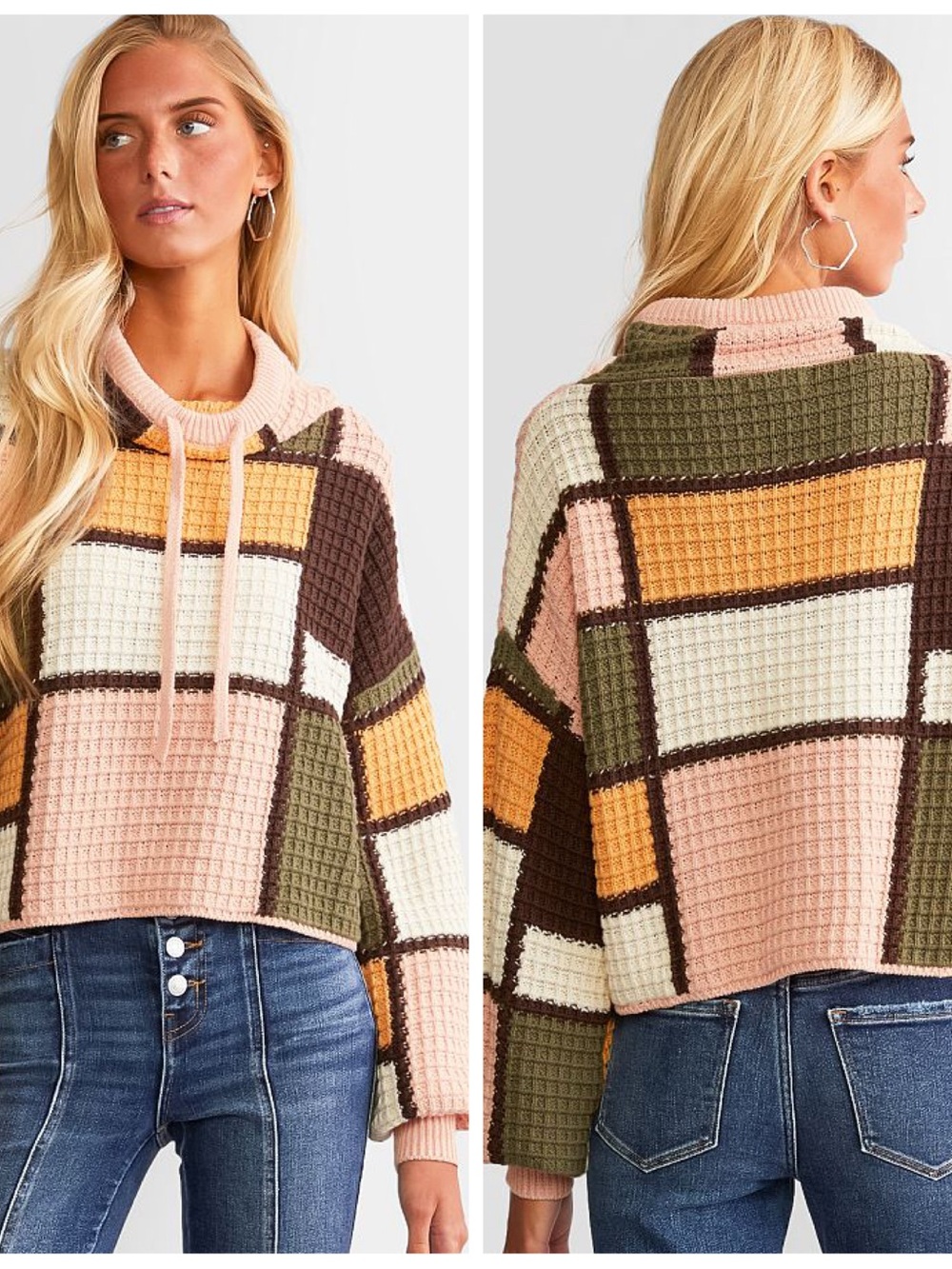 Gilded Intent Buckle Funnel Neck Cropped Checkered Patchwork Sweater - Picture 3 of 15